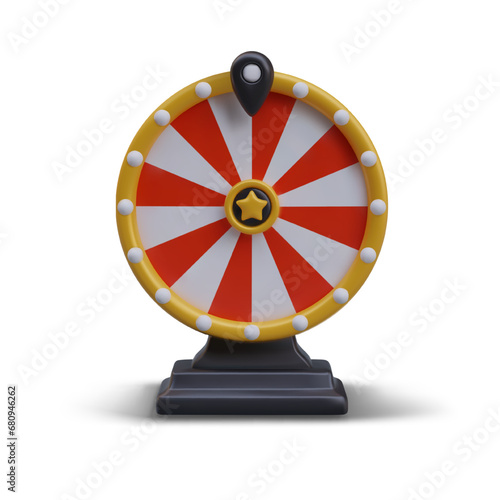 3D wheel of fortune on stand. Vector illustration on white background. Template without marks, mockup. Lottery equipment. Casino concept. Online game success