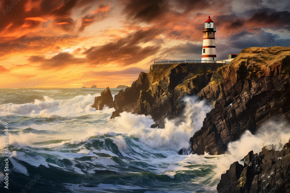 Behold the tranquility of an Irish coastline at twilight, where an age-old lighthouse stands sentinel, guiding vessels past, as waves fervently embrace the rocky shores, painting a serene St. Patrick'