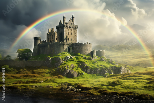 Venture into a scene featuring a stone-constructed Irish castle against a misty horizon. A vibrant rainbow emerges post-rain, leading to a treasure chest, capturing the fantastical spirit of St. Patri photo