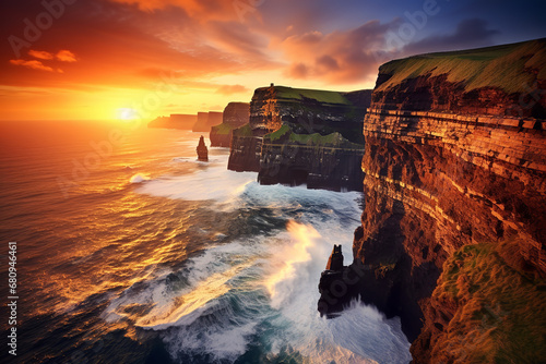  Stand atop Ireland's iconic Cliffs , as the setting sun paints the sky and roaring waves declare the nation's undying pride. photo
