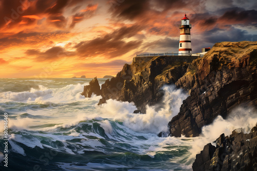 Behold the tranquility of an Irish coastline at twilight, where an age-old lighthouse stands sentinel, guiding vessels past, as waves fervently embrace the rocky shores, painting a serene St. Patrick' © Davivd