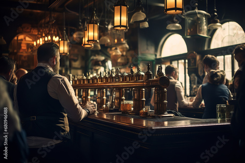 Step inside a traditional Irish pub, where the rich wooden bar counter is abuzz with patrons joyfully raising their stout beer glasses, all set to the backdrop of lively folk tunes and enveloped in a 