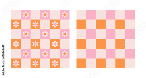 Daisy flowers and checkerboard seamless pattern set. Colorful pink and orange vector background in retro groovy style 60s, 70s. Modern trendy prints