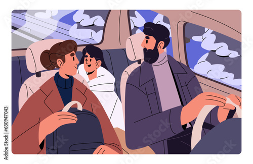 Happy family inside car. Driver hold steering wheel, looking back. Excited passenger kid ride in automobile with parents, travel together. Dad drive auto. Holiday journey. Flat vector illustration