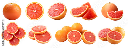 Grapefruit grapefruits citrus, many angles and view side top front sliced halved group cut isolated on transparent background cutout, PNG file. Mockup template for artwork graphic design
