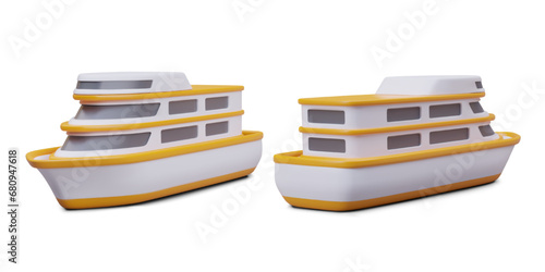 Set of 3D vector yachts, front and back view. Large boat for luxury leisure. Isolated color illustrations. Templates for advertising tourist tours, cruises, journeys