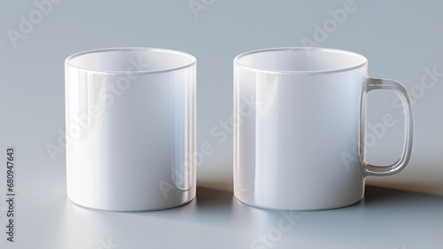 Two White Mugs Mockup Against the Background of Blurred Lights. Empty mug mock up for brand promotion.