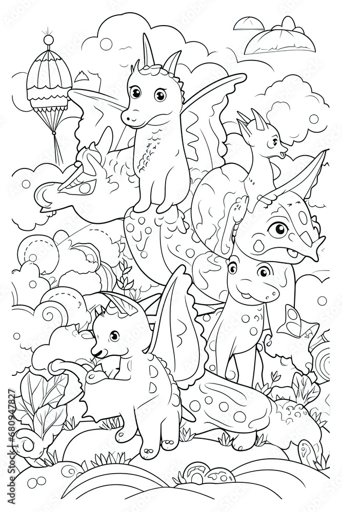 Fototapeta premium Various coloring book page for kids in vector art style AI Generated
