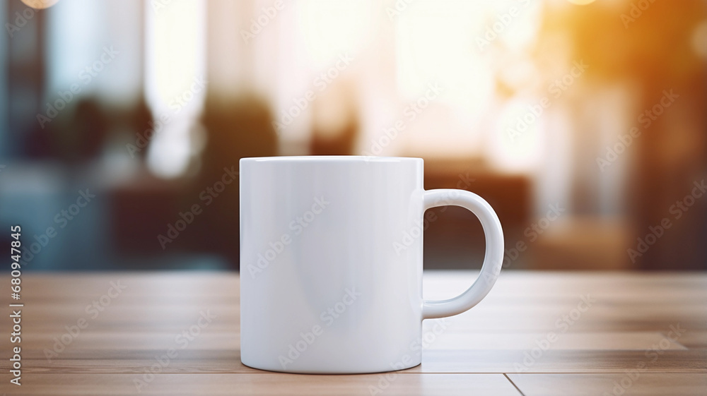 White Mug Mockup Against the Background of Blurred Lights. Empty mug mock up for brand promotion. White Mug Mockup Against the Background of Blurred Lights. Empty mug mock up for brand promotion.