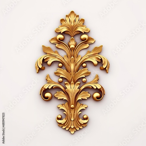 
Golden filigree baroque single motif on white background, extremely realistic relief wood carving, versace style, beautiful decorative classical ornamental, embossed look.  photo