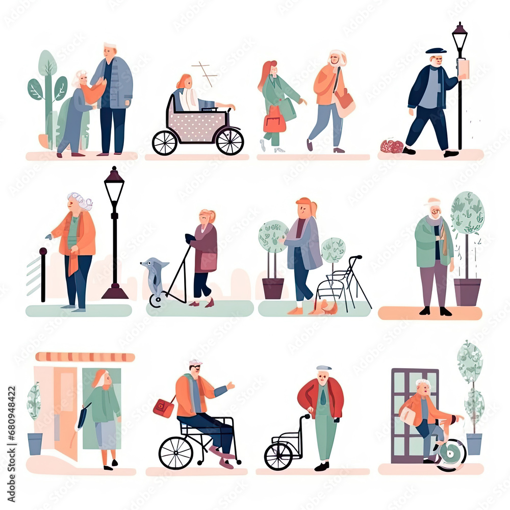 Fototapeta premium Volunteers helping older people concept Flat vector illustration daily activities working AI Generated