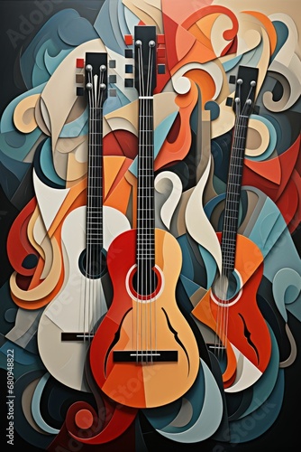 two guitars sitting on top of each other with abstract shapes