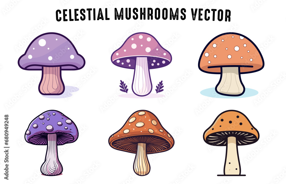 Celestial Witchy Mushroom vector illustration set, Colorful doodle Mushroom clipart bundle