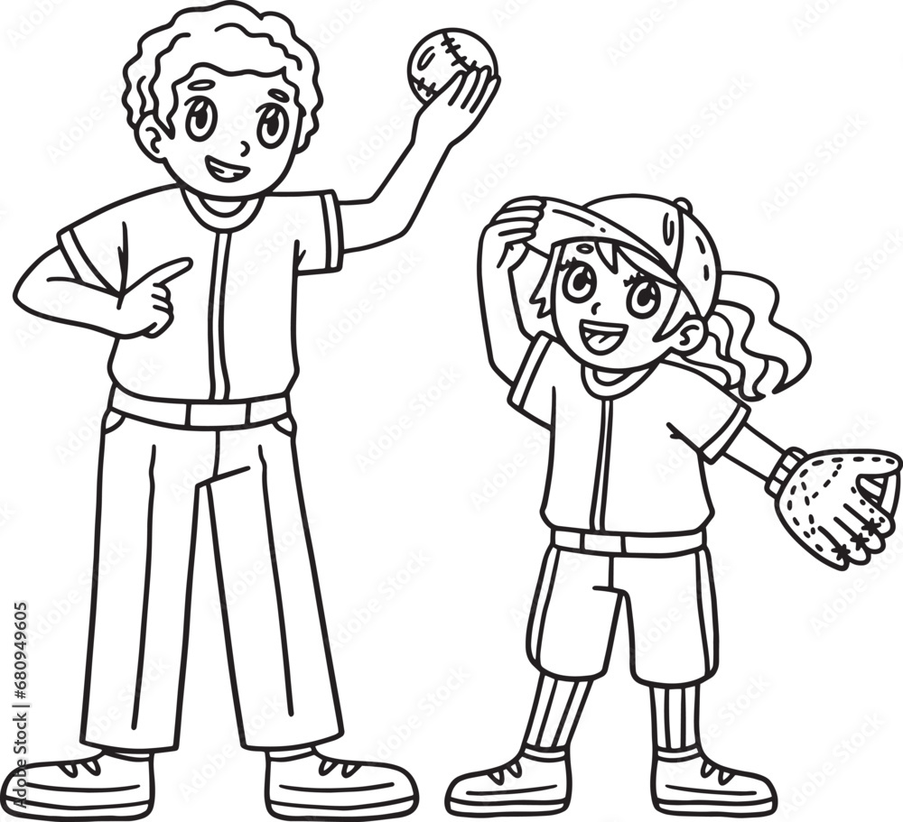 Baseball Girl Player and Parent Isolated Coloring Baseball Girl Player and Parent Isolated Coloring