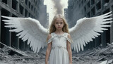 A blonde young girl child angel in a white dress and long white wings standing in front of a destroyed city. War apocalypse concept illustration