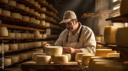 A farmer turns over cheese heads on wooden shelves in the cheese maturation storage.  photo