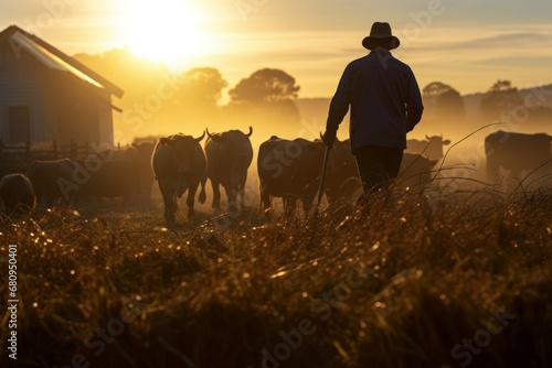 A farmer tending to livestock on a farm at sunset