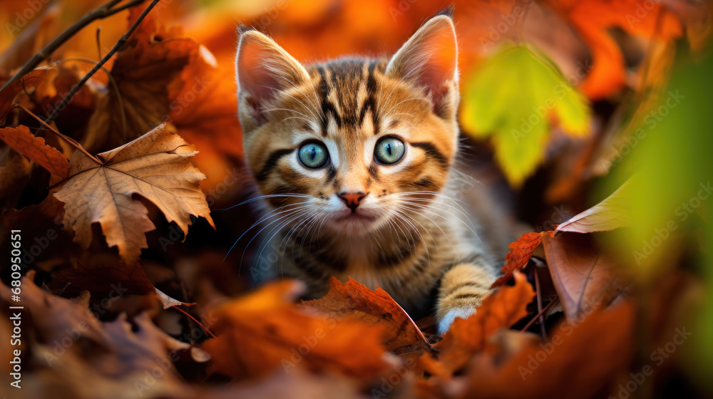 Little kitten in the wild forest. Kitty in autumn. Autumn cat portrait. Cute kitten in autumn forest