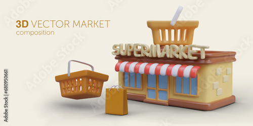3D vector supermarket. Color composition in plasticine style. Text sign in English. Advertising layout with place for text, date, address. Announcement of promotion, event, opening