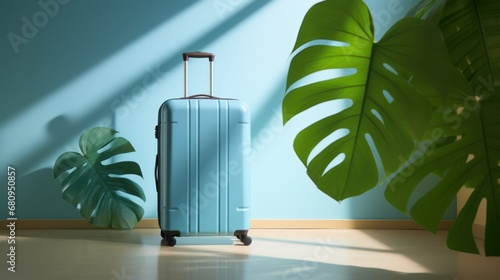 Blue luggage facing camera against the wall has palm leaf shadows  photo