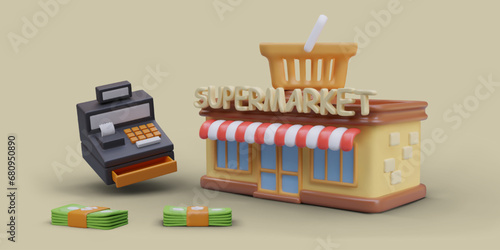 Supermarket, cash register, stacks of greenbacks, basket. Vector objects with shadows. Color concept of payment for purchases. Financial reporting online