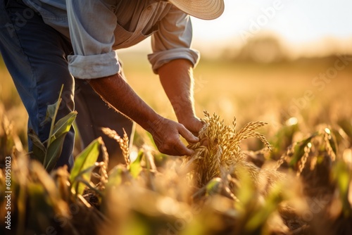 A farmer assessing the quality of the harvest on a green farm at sunset.