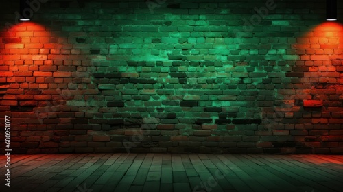 Brick wall texture pattern  green  and red background  spotlights reflection on the floor 