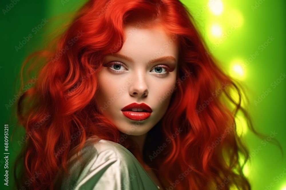 Portrait of attractive young ginger woman with perfect makeup isolated on neon green background