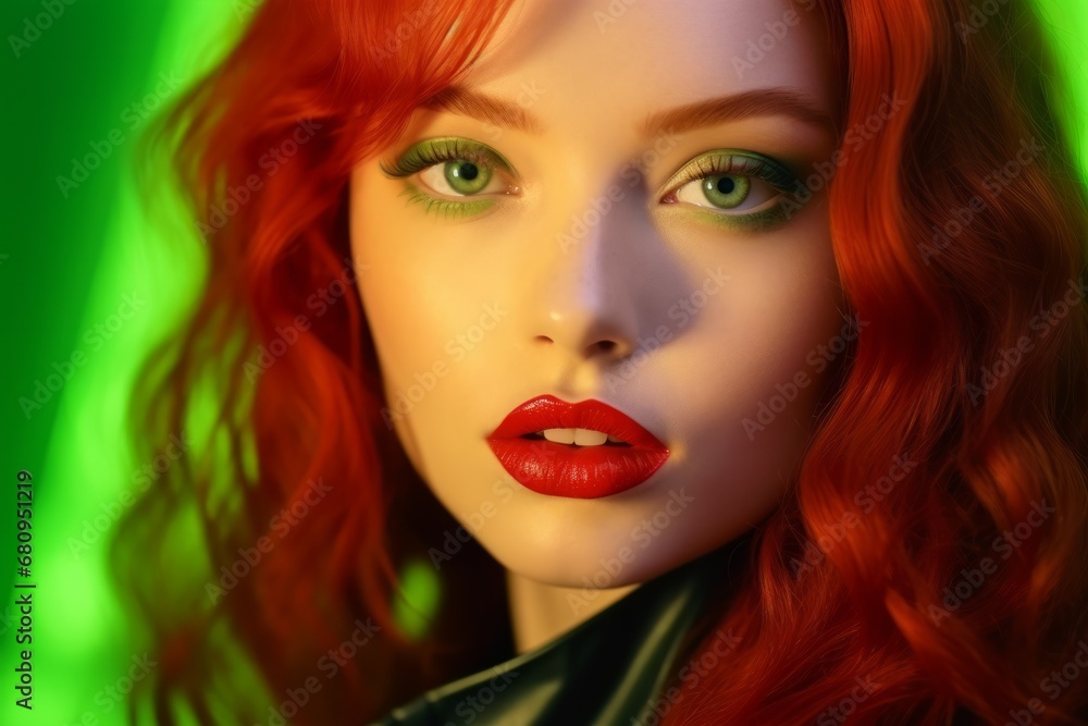 Portrait of attractive young ginger woman with perfect makeup isolated on neon green background Portrait of attractive young ginger woman with perfect makeup isolated on neon green background