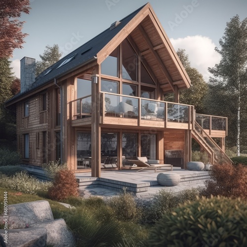 Modern wooden private house exterior. Traditional chalet architecture. © tynza