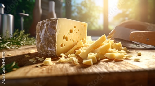 cutting cheese with a knife on a chopping board 