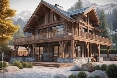 Exterior of modern wooden private house on mountain lanscape. Traditional chalet architecture.
