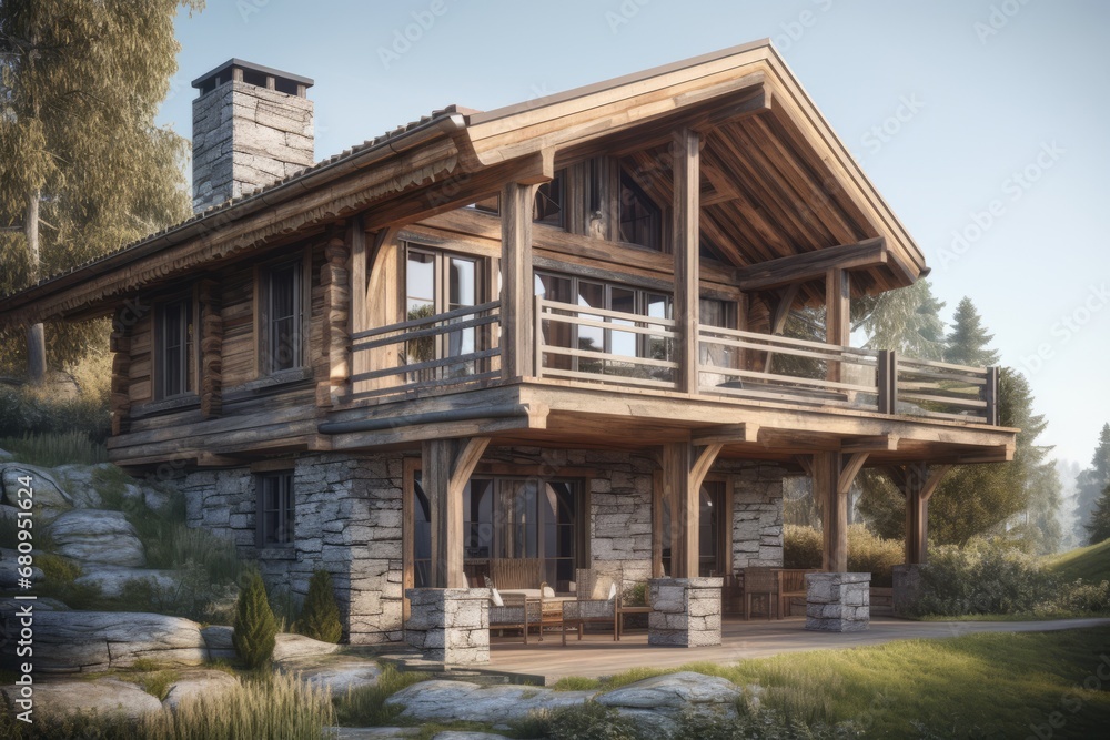 Traditional wooden private house exterior stone basement. Chalet architecture.