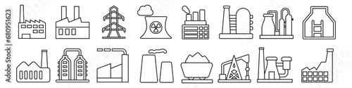 Industrial factories vector icons set. Factory icon illustration collection. Industry power, chemical manufacturing building warehouse nuclear energy plant. 