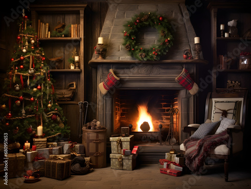 Traditional Christmas Celebration Scene with Decorated Tree and Gifts | Cozy Festive Holiday Ambiance Concept