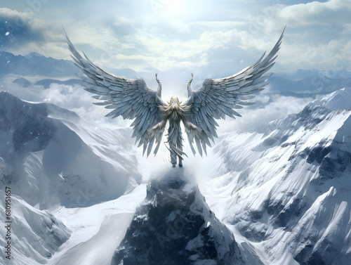 Majestic Winged Creature Hovering Over Snowy Mountains - Angelic Fantasy Bird in Frosty Landscape, Concept of Freedom and Mythology