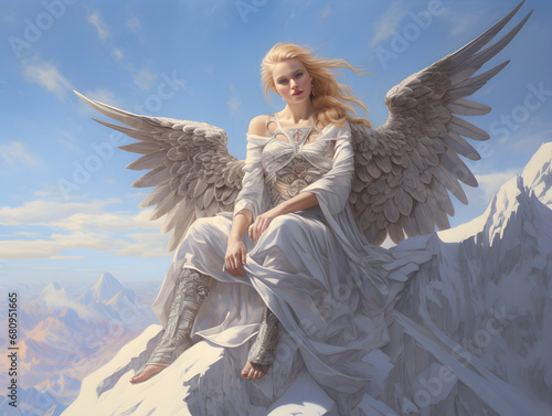 Majestic Angelic Female Figure with Feathery Wings on Snow-Capped Mountain Peak - Ethereal Beauty, Inspiration & Freedom Concept