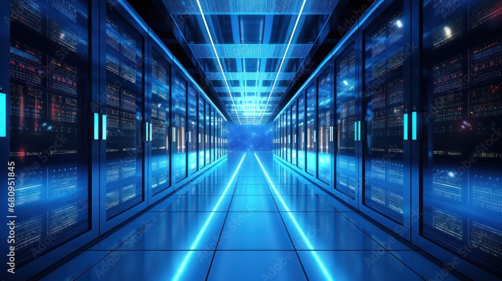 Corridor in Working Data Center Full of Rack Servers and Supercomputers with Internet connection 