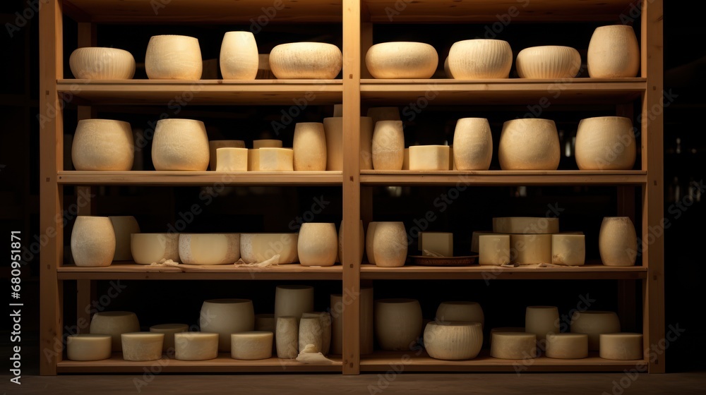Cow milk cheese, stored in a wooden shelves and left to mature Cow milk cheese, stored in a wooden shelves and left to mature