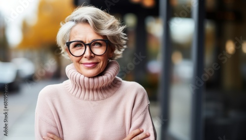 old age senior mature retired female woman well dress cloth looking at camera portrait shot profile positive smiling successful carefree attitude face expression street outdoor location background