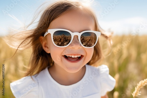 Portrait of happy and smiling child kid playing in a blooming field .
