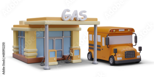 3D gas station in cartoon style. Colorful building with bus, side view. Refill petrol, buy fuel. Text sign, clean surfaces, place for brand. Template for advertising design. Vector composition