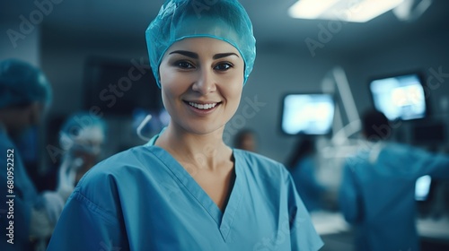 Female Surgeon with blue medical uniform smiling in operating room. 