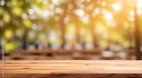 Wood table top on beautiful landscape autumn sunlight background - can be used for display or montage your products. High quality photo.