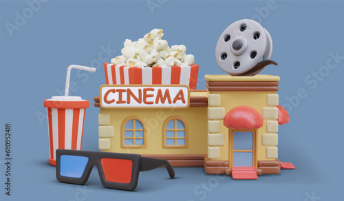 Cinema with 3D movie. Vector building, popcorn, drink with straw, anaglyph glasses. Modern format for watching movies. Composition on colored background