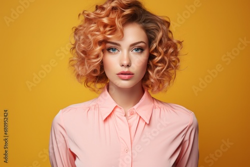 Portrait of attractive young pink hair woman with perfect makeup on yellow background