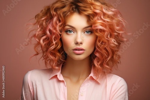 Portrait of attractive young pink hair woman with perfect makeup on pink background