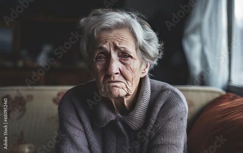 elderly senior woman grandmother Sad tired ill sick lonely disappointed sitting on the sofa 