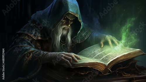 Fotografie, Obraz A cloaked sorcerer summoning spectral creatures from a haunted tome