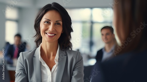 Happy mid aged business woman manager handshaking at office meeting.